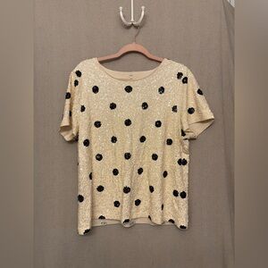 J. Crew XL Sequin Polka Dot Short Sleeve Top - Cream with Black Dots